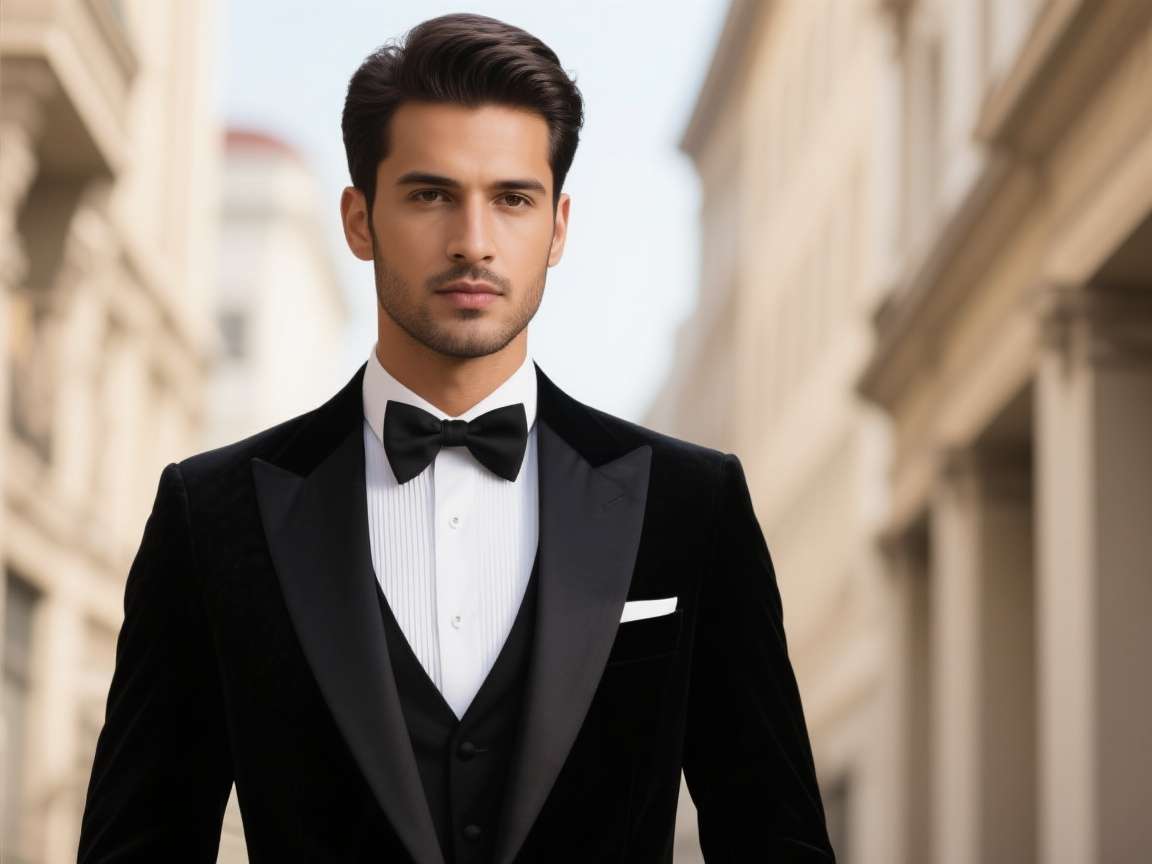 Designer men's formal suit in navy blue with matching trousers and tie