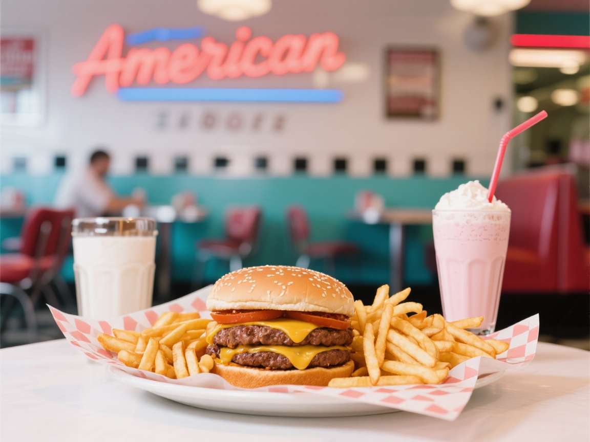 Burger and fries at American Diner restaurant