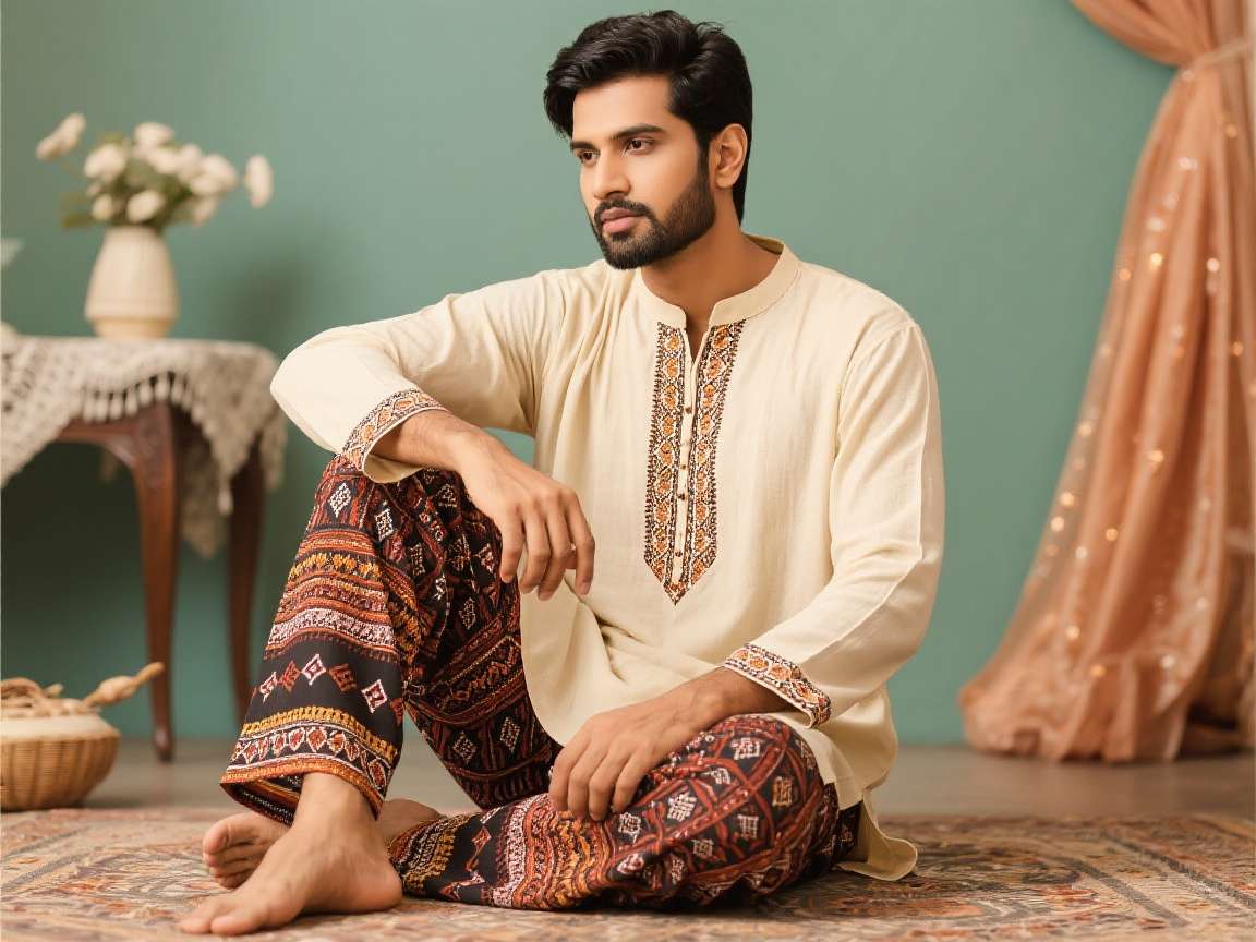 Ethnic men's kurta pyjama in white with blue patterns