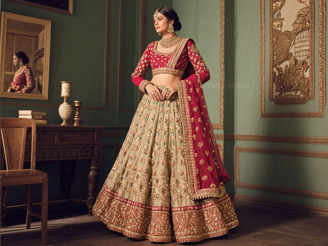 Women's designer lehenga in red with gold embroidery