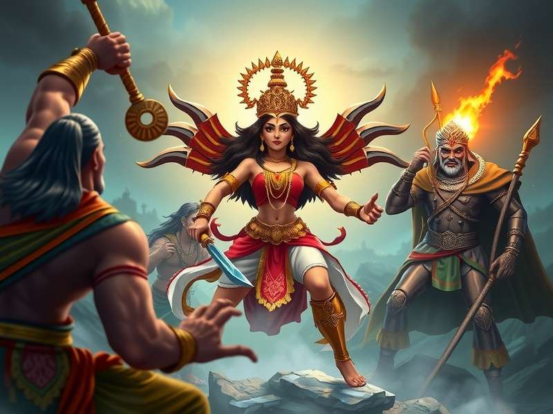Durga S Epic Journey Combat Combat gameplay screenshot showing Durga battling demons