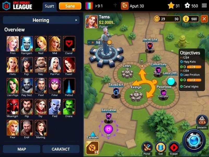 Epic Heroes League strategy map showing team formations and objective control