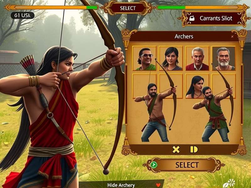 Character selection screen in Hindu Archery Legend showing diverse archer options