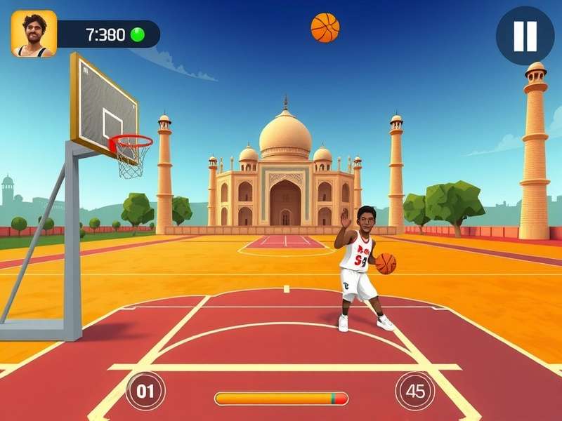 Taj Mahal Hoopsters Gameplay Taj Mahal Hoopsters gameplay screenshot showing basketball court with Indian architectural elements