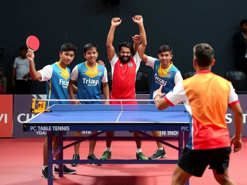 Indian table tennis team celebrating victory